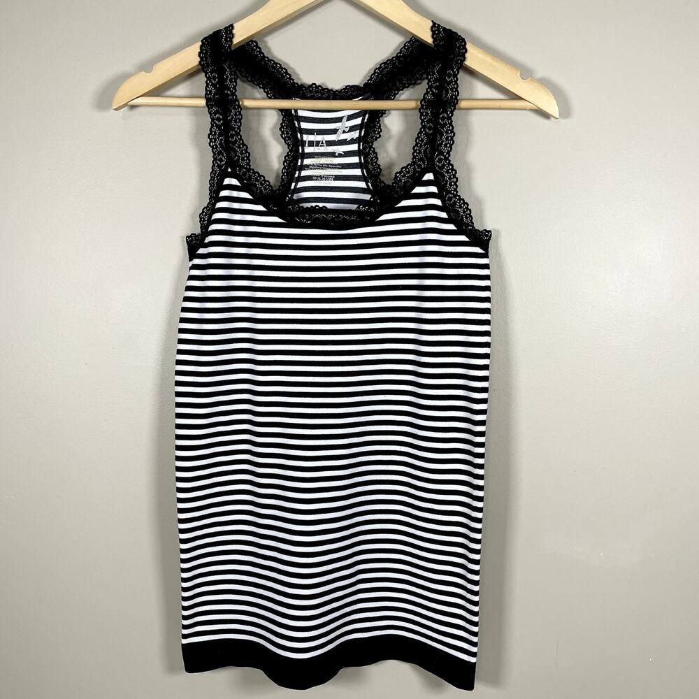 ICON‎ APPAREL Womens Black Striped Lace Accent OFSM Racer Back Tank Top y2k